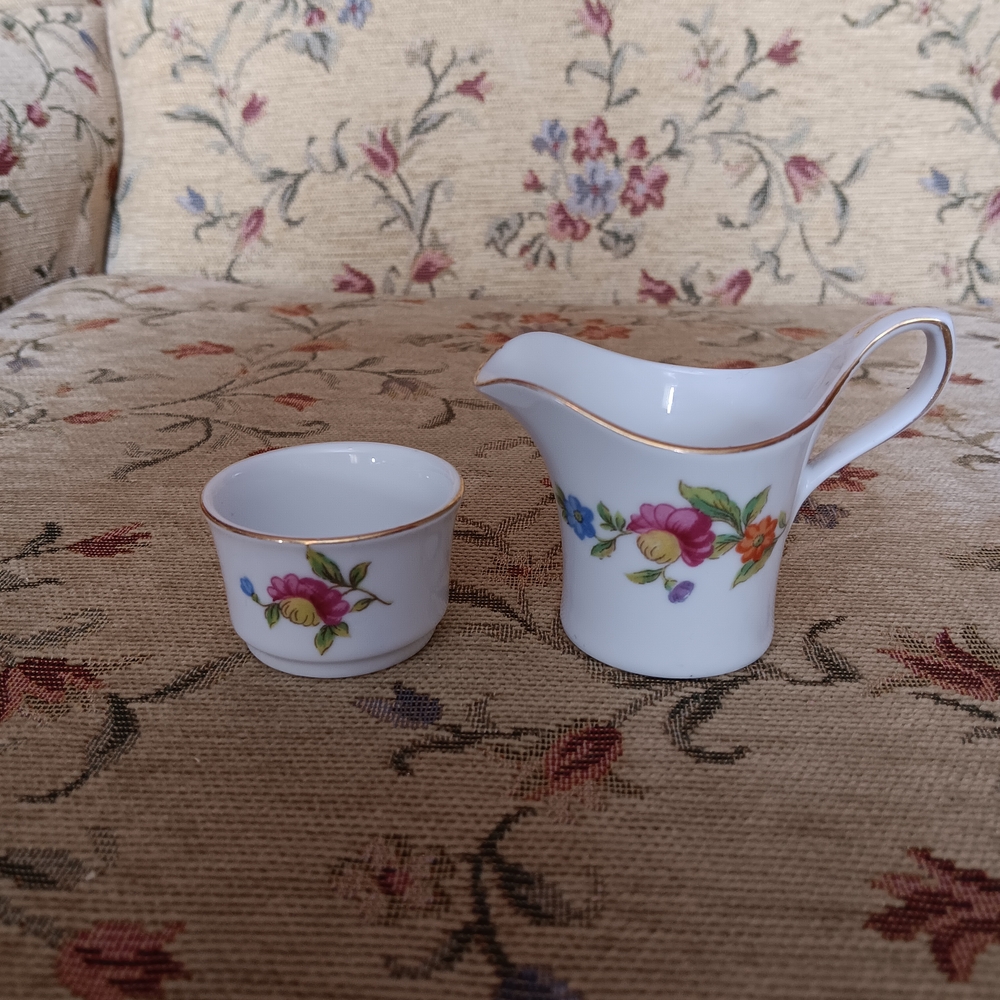 Porcelain Small Floral Creamer and Sugar Bowl - White with Multicolor Flowers